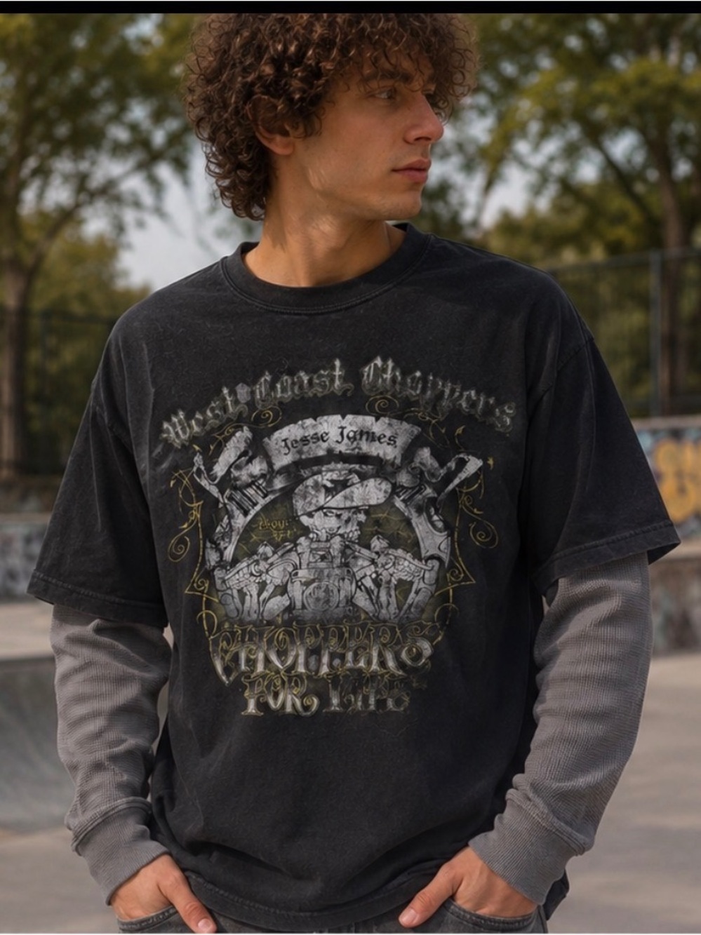 West Coast Choppers Jesse James Layered Thermal Graphic Long Sleeve Biker Shirt